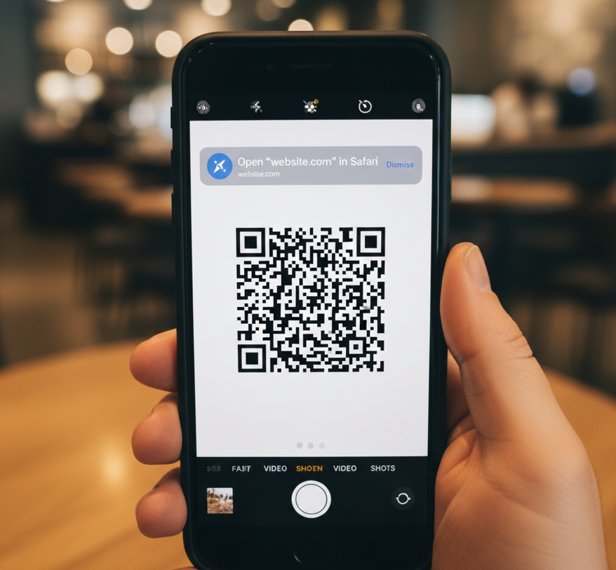 Image showing an iPhone camera pointed at a QR code, with the notification banner appearing at the top of the screen